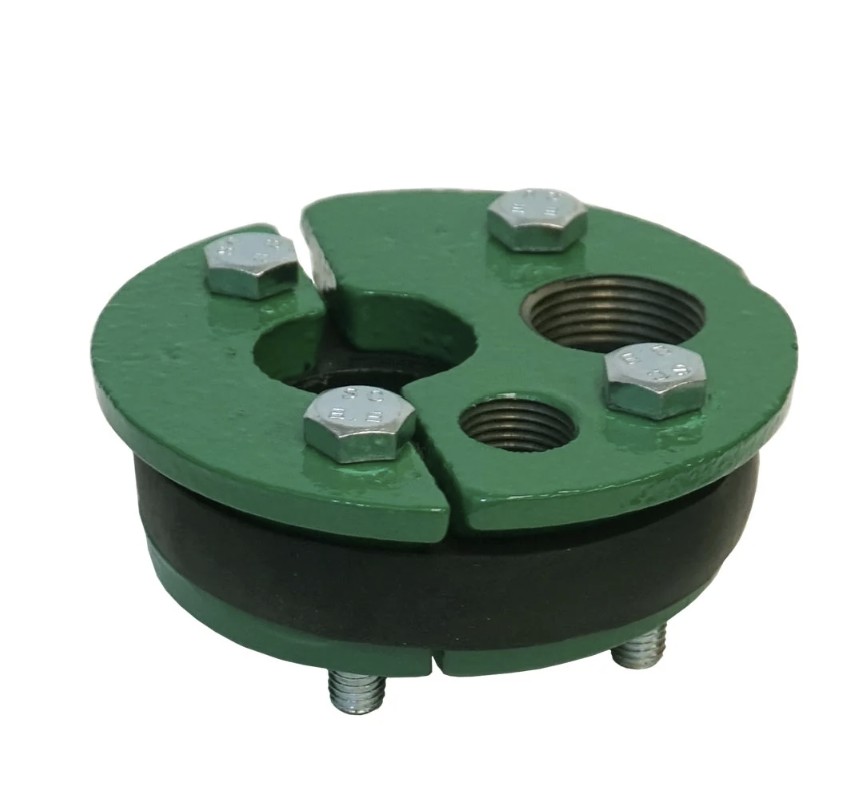 Merrill well seal with a rubber gasket and openings for drop pipe, wiring, and bolts