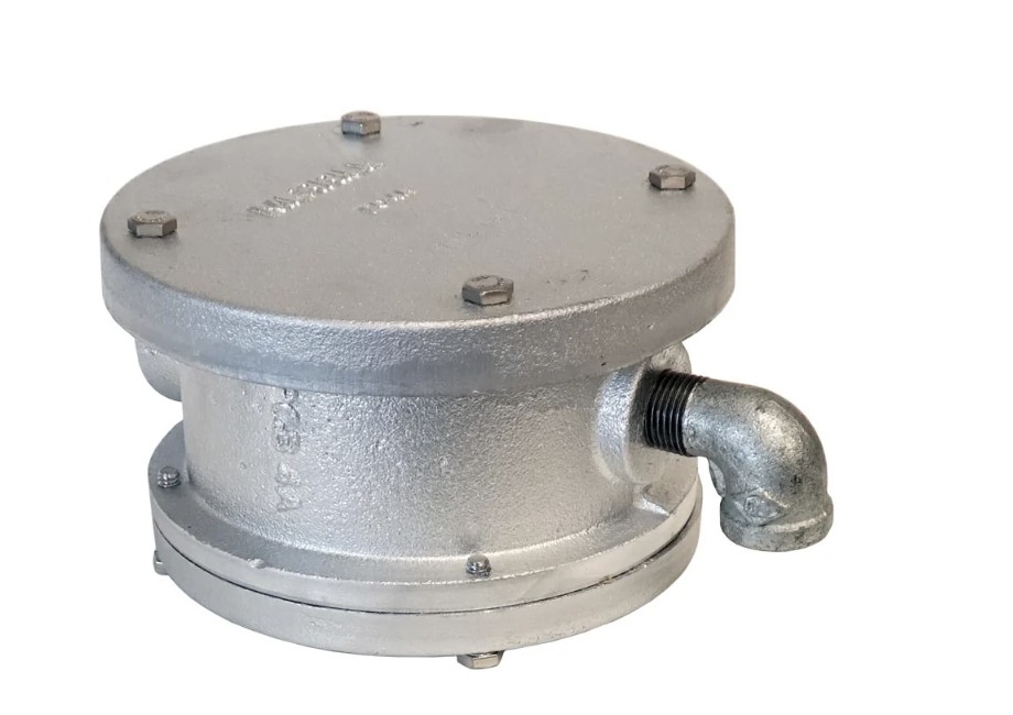 Merrill galvanized well cap with a side conduit opening and bolted top for a well casing
